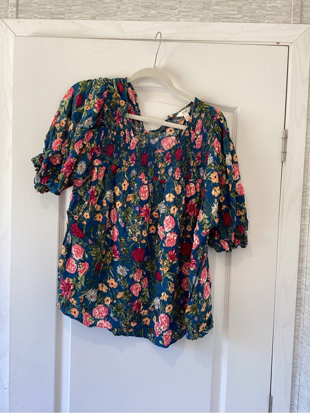 Terra & Sky Teal Floral Smocked Peasant Top 3X EUC